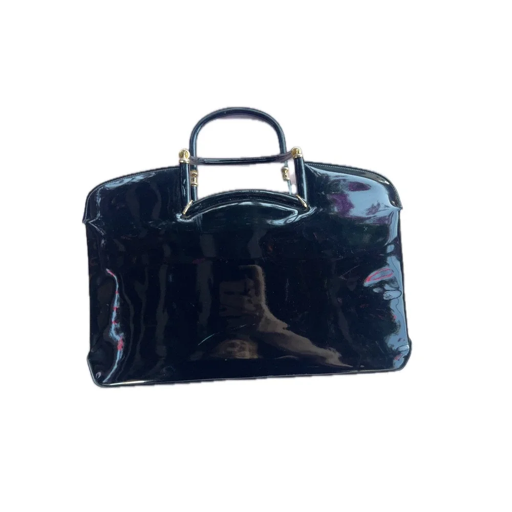 Vintage Lewis Black Patent Leather Top Handle Bag Kiss Lock Gold Hardware